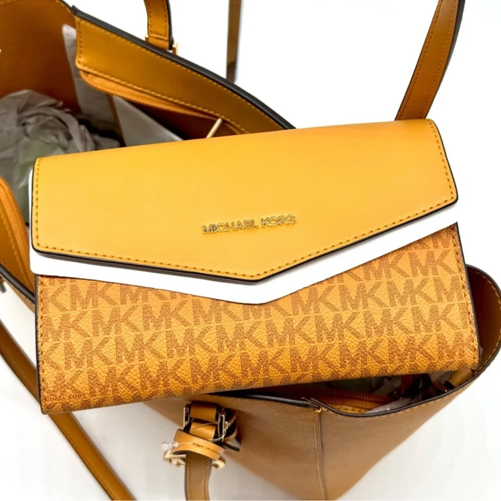 Michael Kors Charlotte LG Tote Bag 3 IN 1 Leather Tote Bag & Bifold Wallet Cider
